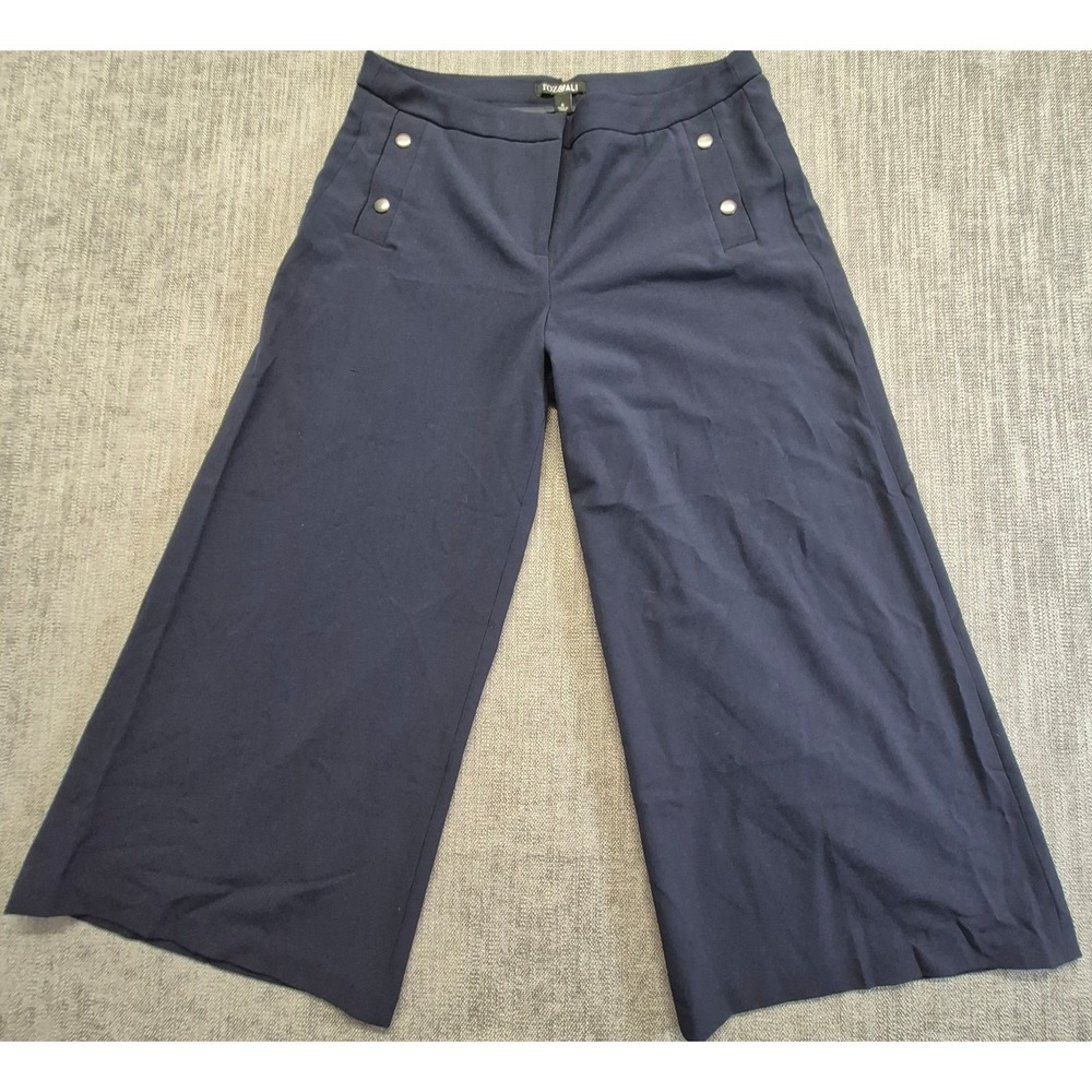 Roz & Ali women's navy blue wide leg cropped culotte pants sz 6 button‎ details